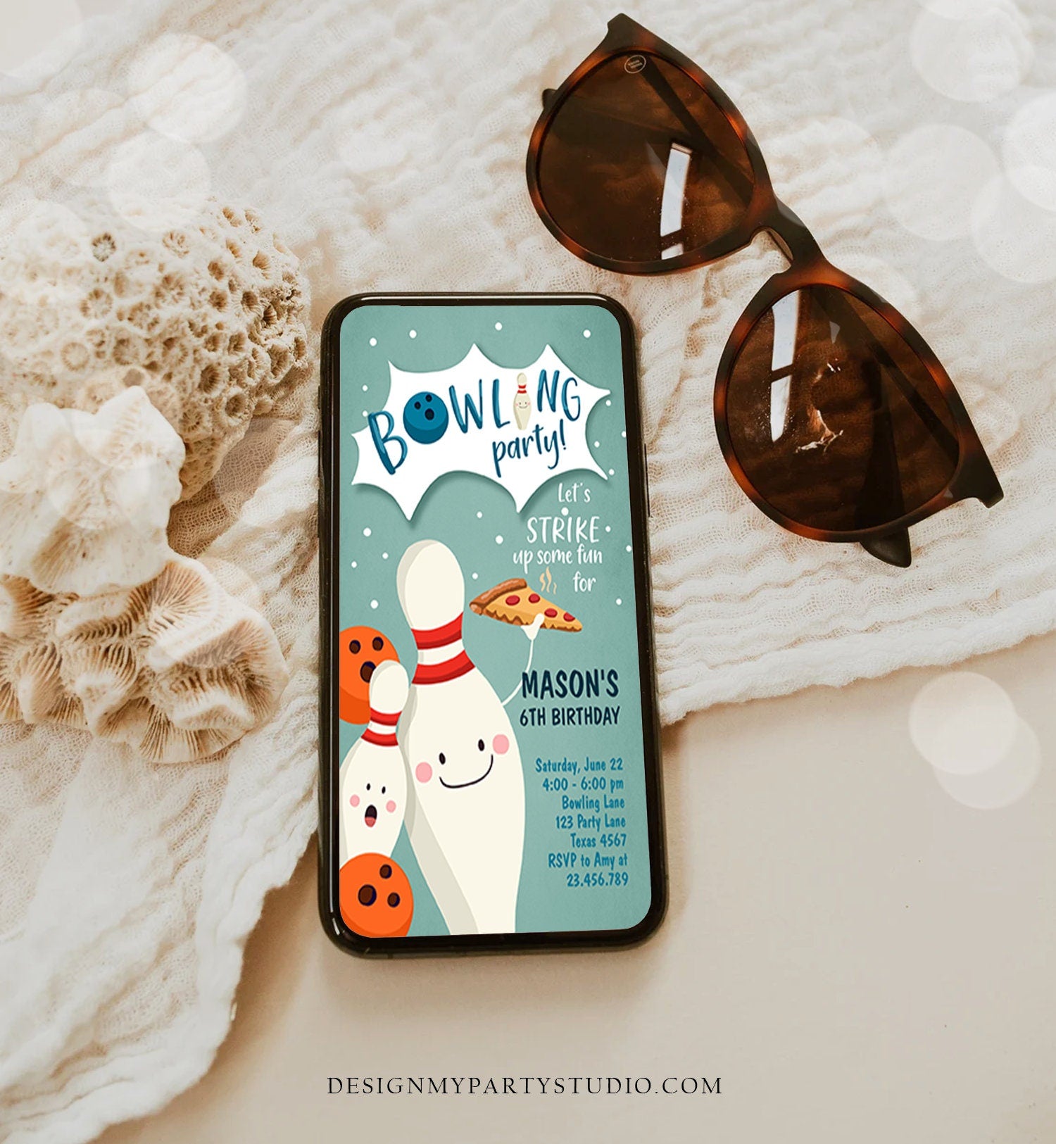 Editable Bowling Birthday Evite Strike Up Some Fun Boy Bowling Party Pizza Blue Download Phone Invitation Digital Template Corjl 0324