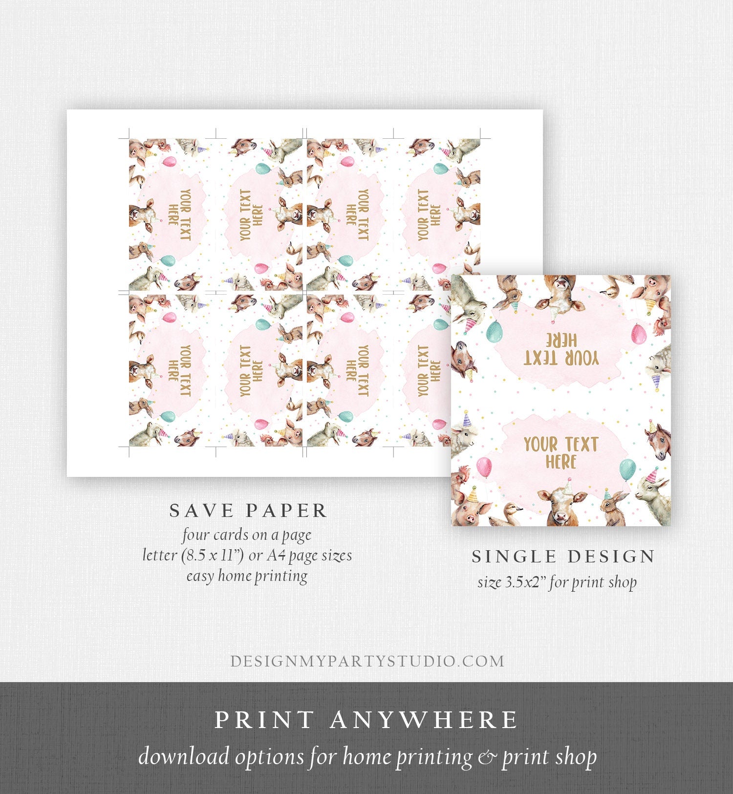 Editable Farm Animals Food Label Barnyard Birthday Name Place Tent Card Girl Pink Farm Cow Buffet Party Animals Template Printable 0448
