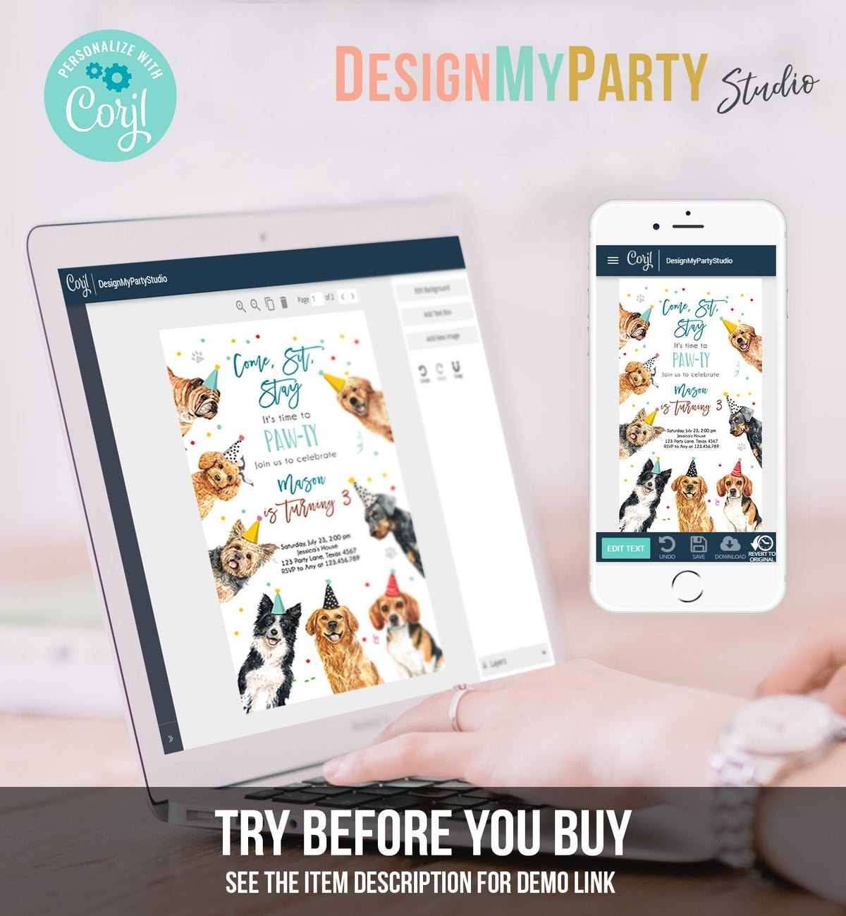 Editable Dog Birthday Party Evite Puppy Birthday Boys Blue Doggy Shelter Animal Pet Vet Phone Electronic Digital Download Template 0384