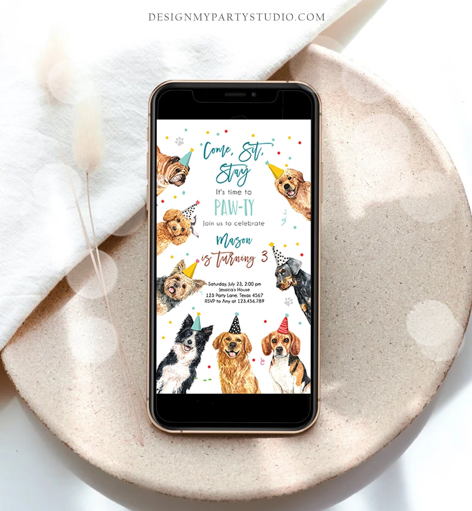Editable Dog Birthday Party Evite Puppy Birthday Boys Blue Doggy Shelter Animal Pet Vet Phone Electronic Digital Download Template 0384