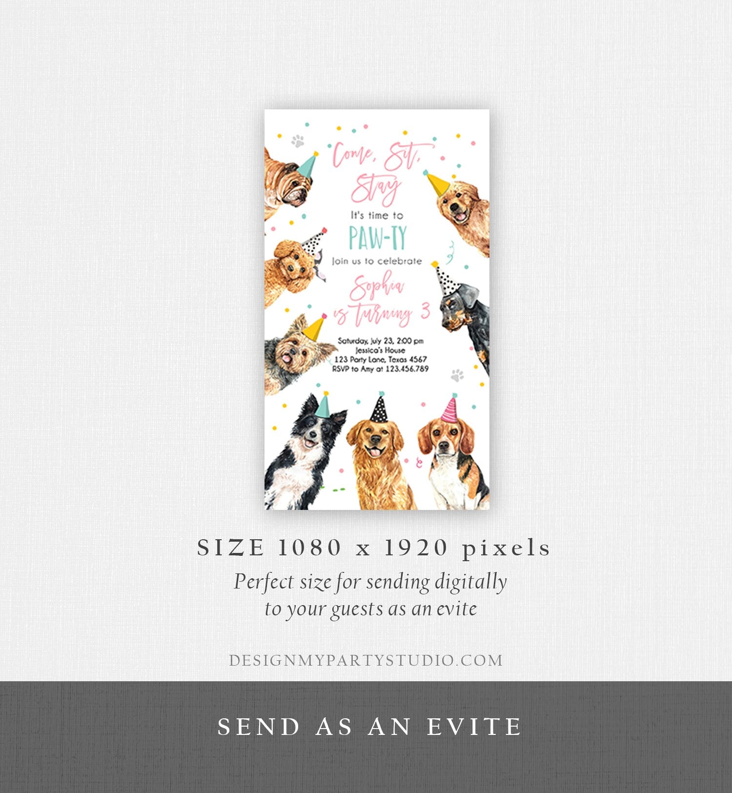 Editable Dog Birthday Party Evite Puppy Birthday Invite Girl Pink Doggy Shelter Animal Pet Vet Download Phone Electronic Template Corjl 0384