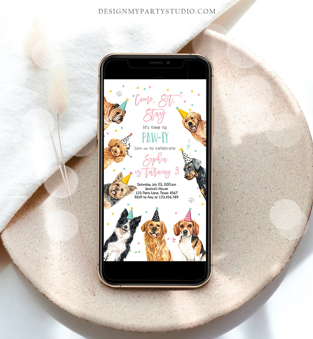 Editable Dog Birthday Party Evite Puppy Birthday Invite Girl Pink Doggy Shelter Animal Pet Vet Download Phone Electronic Template Corjl 0384