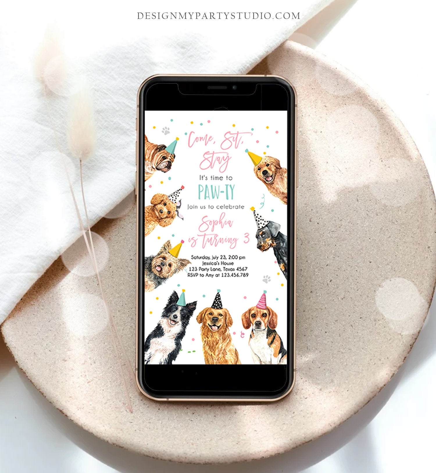 Editable Dog Birthday Party Evite Puppy Birthday Invite Girl Pink Doggy Shelter Animal Pet Vet Download Phone Electronic Template Corjl 0384