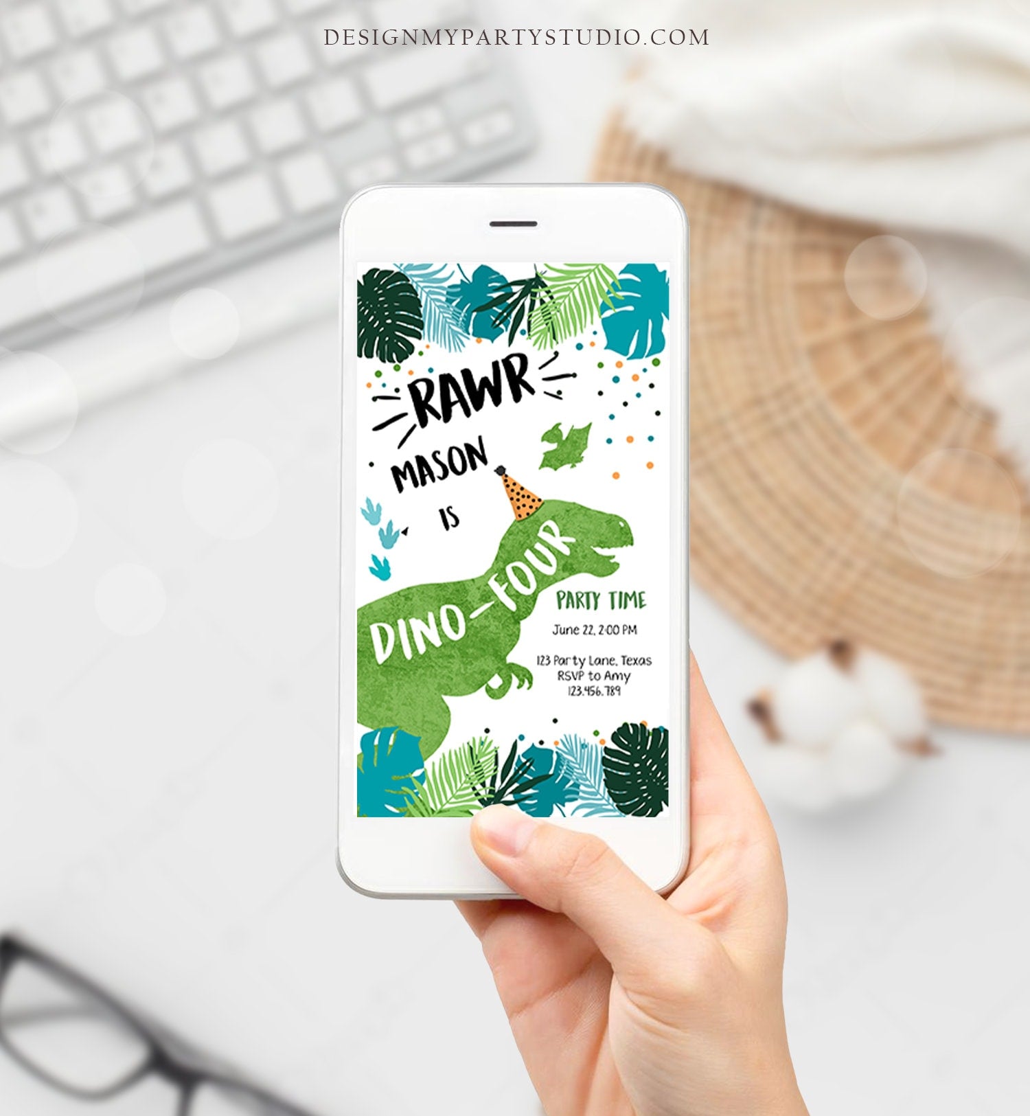 Editable Dino-Four Dinosaur Birthday Evite Dino T-Rex 4th Birthday Invitation Fourth Boy Green Prehistoric Phone Digital Corjl Template 0389