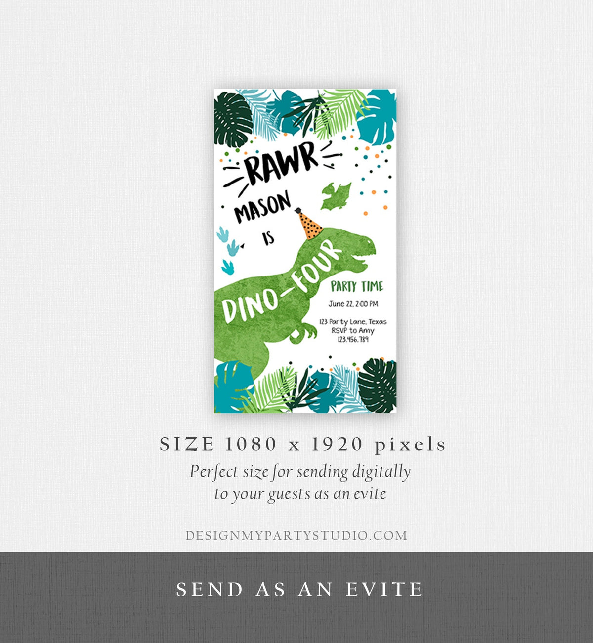 Editable Dino-Four Dinosaur Birthday Evite Dino T-Rex 4th Birthday Invitation Fourth Boy Green Prehistoric Phone Digital Corjl Template 0389