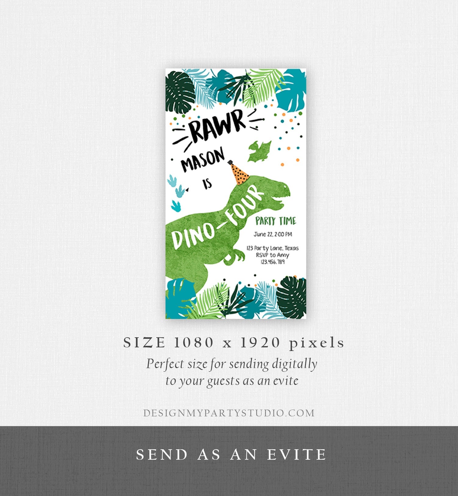 Editable Dino-Four Dinosaur Birthday Evite Dino T-Rex 4th Birthday Invitation Fourth Boy Green Prehistoric Phone Digital Corjl Template 0389