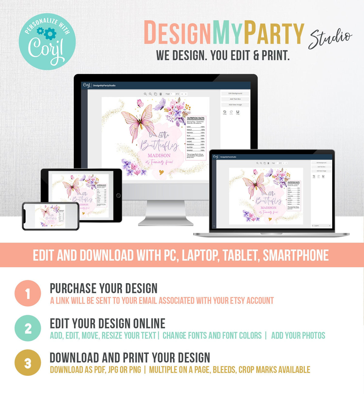 Editable Butterfly Chip Bag Birthday Party Baby Shower Decor Girl Watercolor Purple Lavender Floral Snack Favors Digital Corjl Template 0437