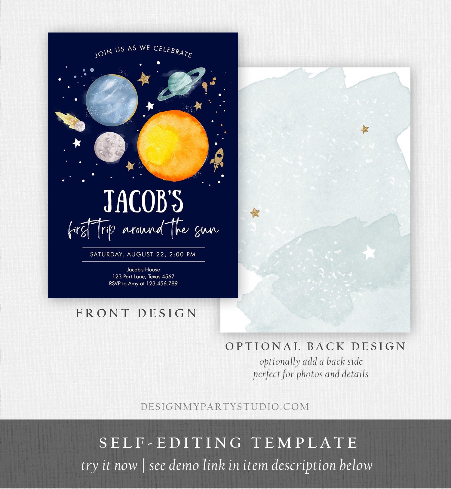 Editable Outer Space First Birthday Invitation Galaxy Blast Off First Trip Around the Sun Digital Download Template Printable 0357