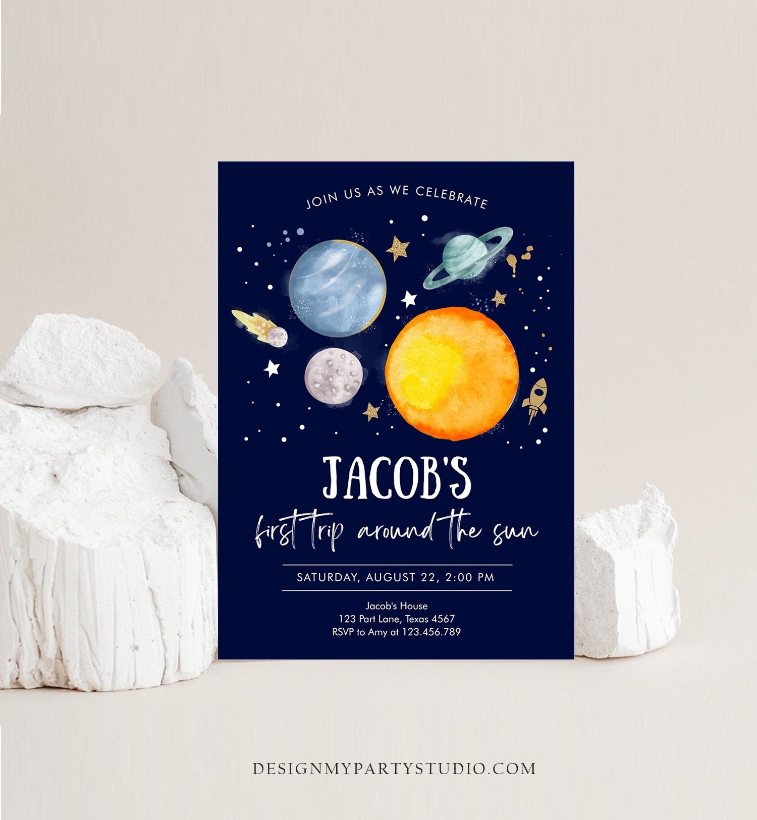 Editable Outer Space First Birthday Invitation Galaxy Blast Off First Trip Around the Sun Digital Download Template Printable 0357