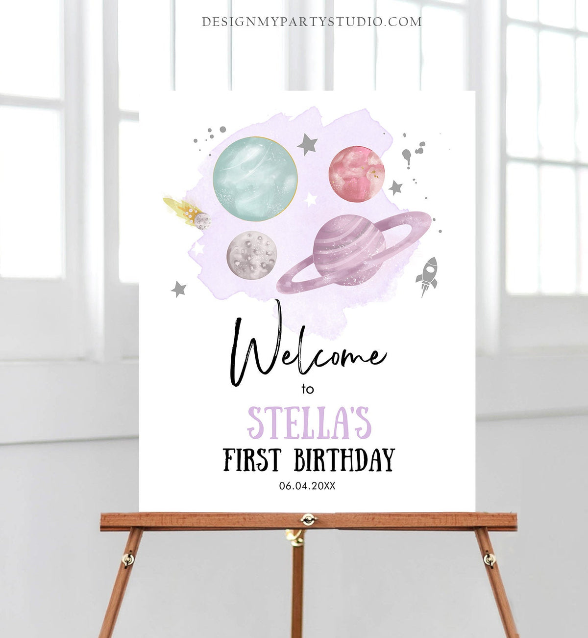 Editable Outer Space Birthday Welcome Sign 1st Birthday Girl Purple Silver Galaxy Planets Around the Sun Digital Template Printable 0357