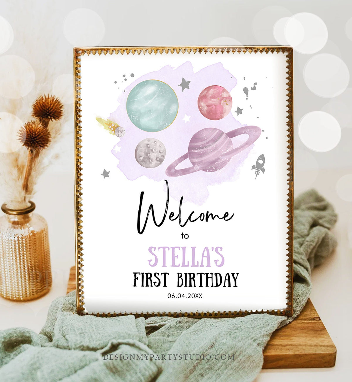 Editable Outer Space Birthday Welcome Sign 1st Birthday Girl Purple Silver Galaxy Planets Around the Sun Digital Template Printable 0357