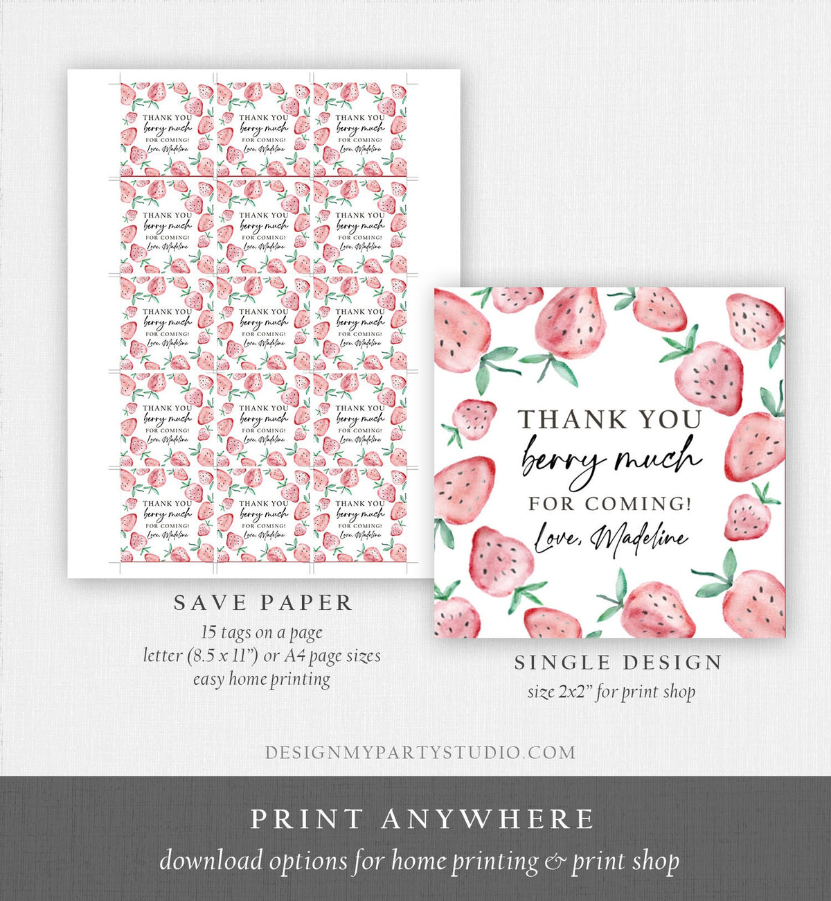 Editable Strawberry Favor Tag Strawberry Birthday Thank You Gift Tag Sticker Label Berry Much Farmers Market Digital Template Printable 0399