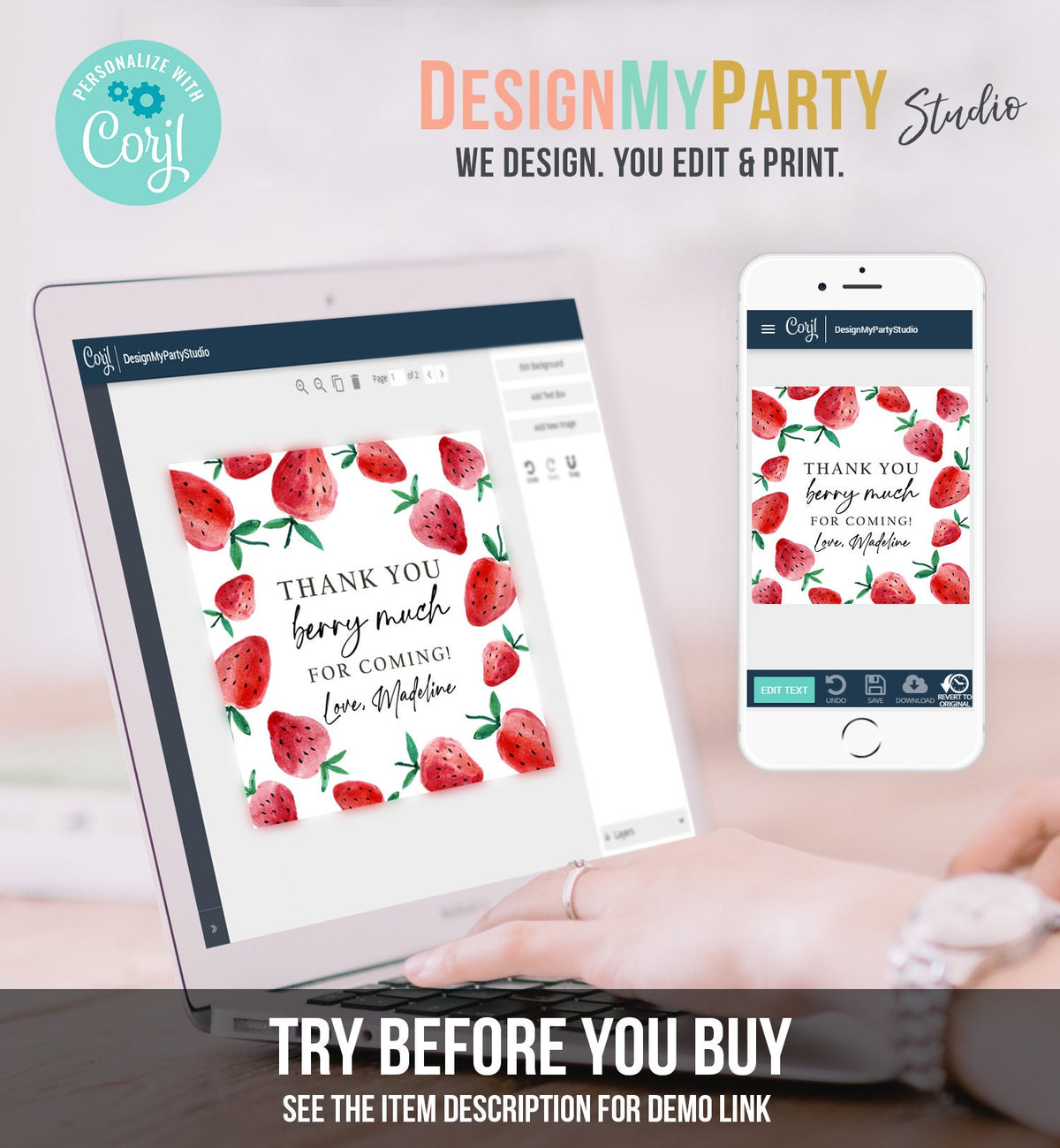Editable Strawberry Favor Tag Strawberry Birthday Thank You Stickers Label Berry Much Gift Farmers Market Digital Template Printable 0399