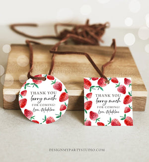 Editable Strawberry Favor Tags Strawberry Birthday Thank you Stickers Label Berry Much Gift tag Farmers Market Template PRINTABLE Corjl 0399