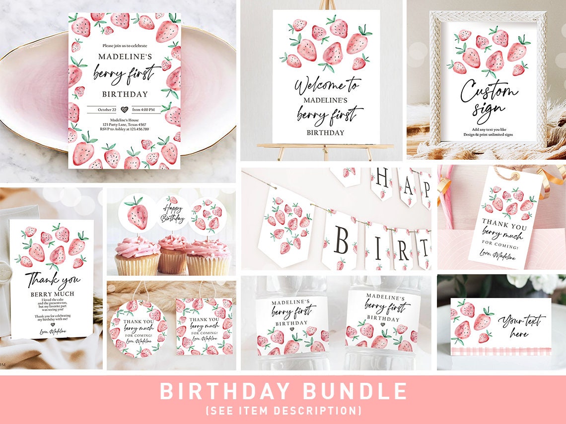 Strawberry Birthday Birthday Invitation Bundle First Birthday Berry Sweet Party Pack Birthday Girl Package Digital Template Printable 0399