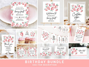 Strawberry Birthday Birthday Invitation Bundle First Birthday Berry Sweet Party Pack Birthday Girl Package 1st Printable Corjl Template 0399