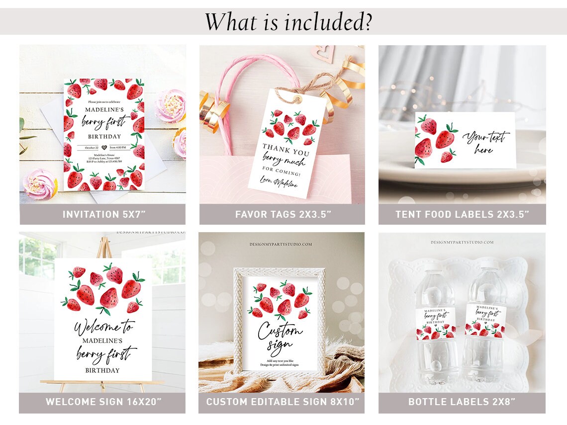 Strawberry Birthday Birthday Invitation Bundle 1st Girl First Birthday Berry Sweet Party Pack Package 1st Digital Template Printable 0399