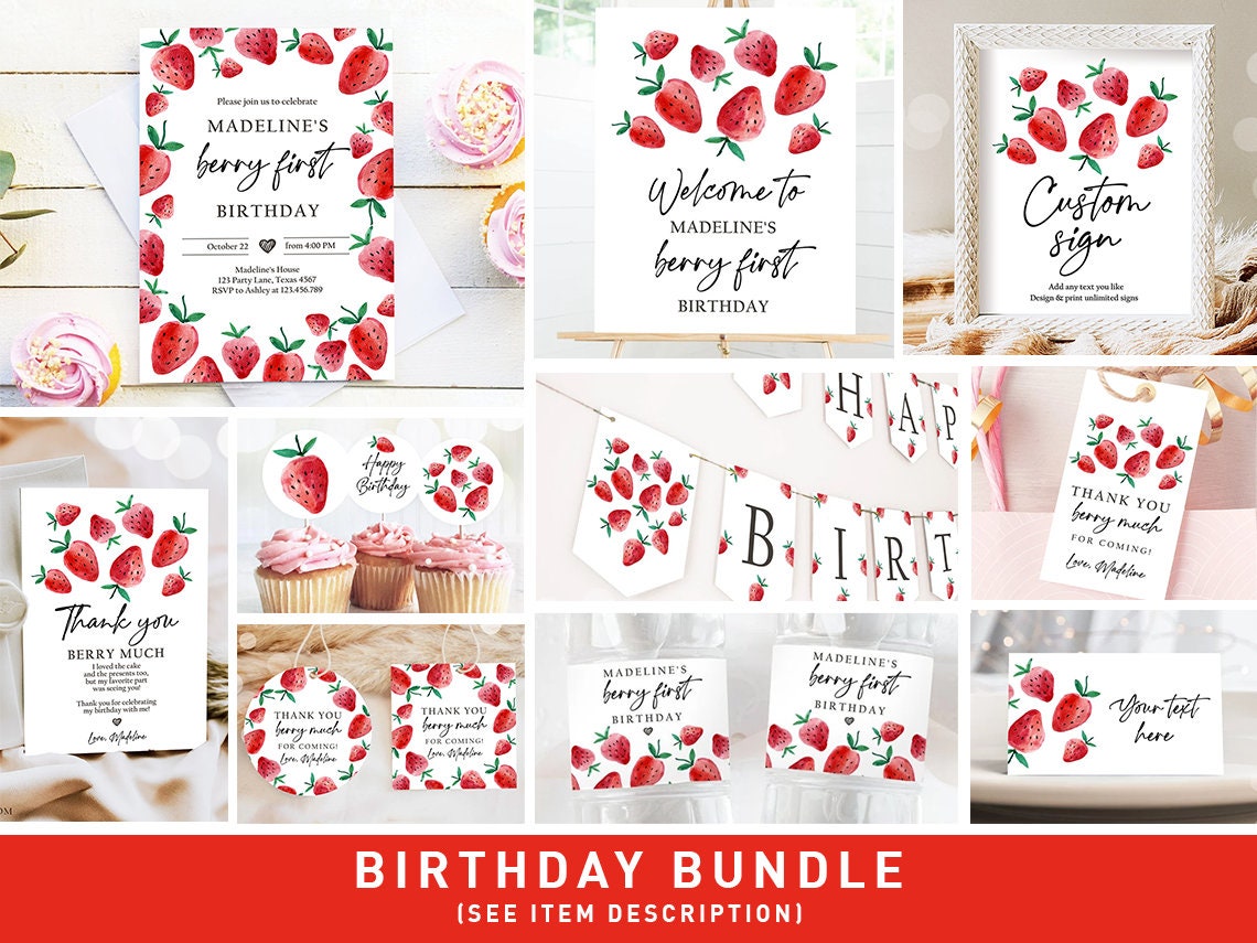 Strawberry Birthday Birthday Invitation Bundle 1st Girl First Birthday Berry Sweet Party Pack Package 1st Digital Template Printable 0399