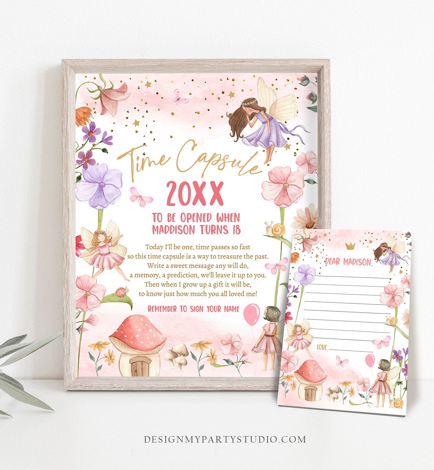 Editable Time Capsule Fairy First Birthday Party Fairy Garden Decorations Forest Girl Pink Purple Magical Template Printable Corjl 0406