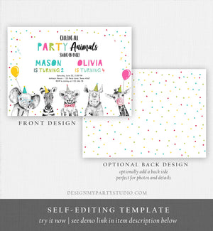 Editable Party Animals Birthday Invitation Wild One Safari Animals ANY AGE Boy Girl Siblings Combined Joint Corjl Template Printable 0390