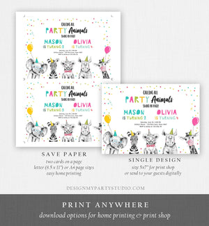 Editable Party Animals Birthday Invitation Wild One Safari Animals ANY AGE Boy Girl Siblings Combined Joint Corjl Template Printable 0390