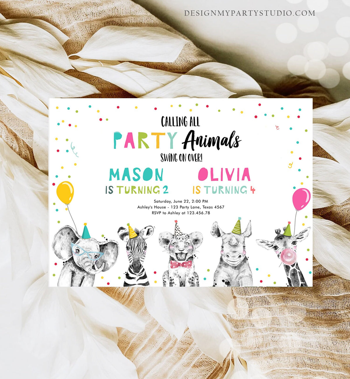Editable Party Animals Birthday Invitation Wild One Safari Animals ANY AGE Boy Girl Siblings Combined Joint Corjl Template Printable 0390