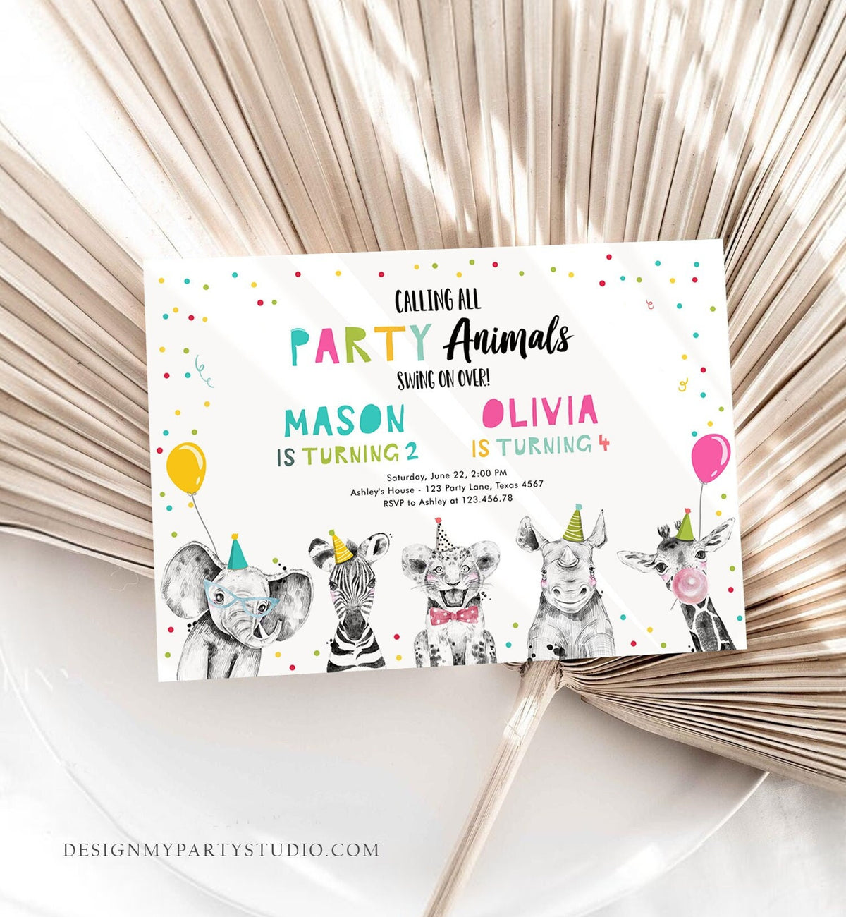 Editable Party Animals Birthday Invitation Wild One Safari Animals ANY AGE Boy Girl Siblings Combined Joint Corjl Template Printable 0390