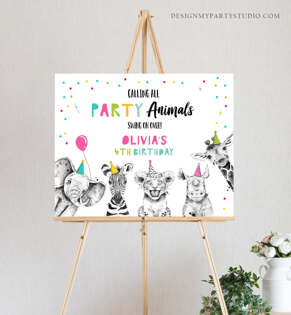 Editable Party Animals Welcome Sign Party Animal Sign Zoo Safari Animals Welcome Jungle Sign Girl Birthday Digital Template Printable 0390