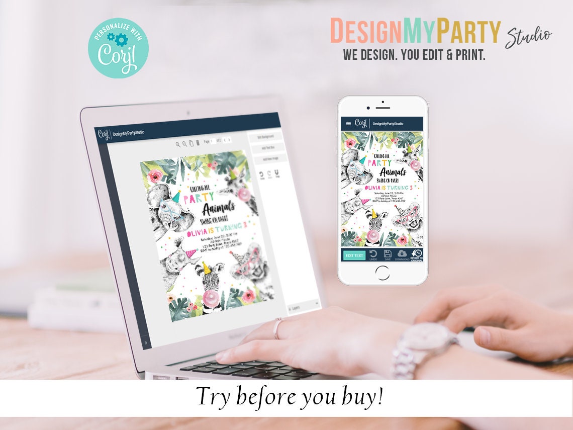 Party Animals Birthday Invitation Bundle Wild One Animals Zoo Safari Animals Girl Two Wild Party Pack Jungle Printable Corjl Template 0322