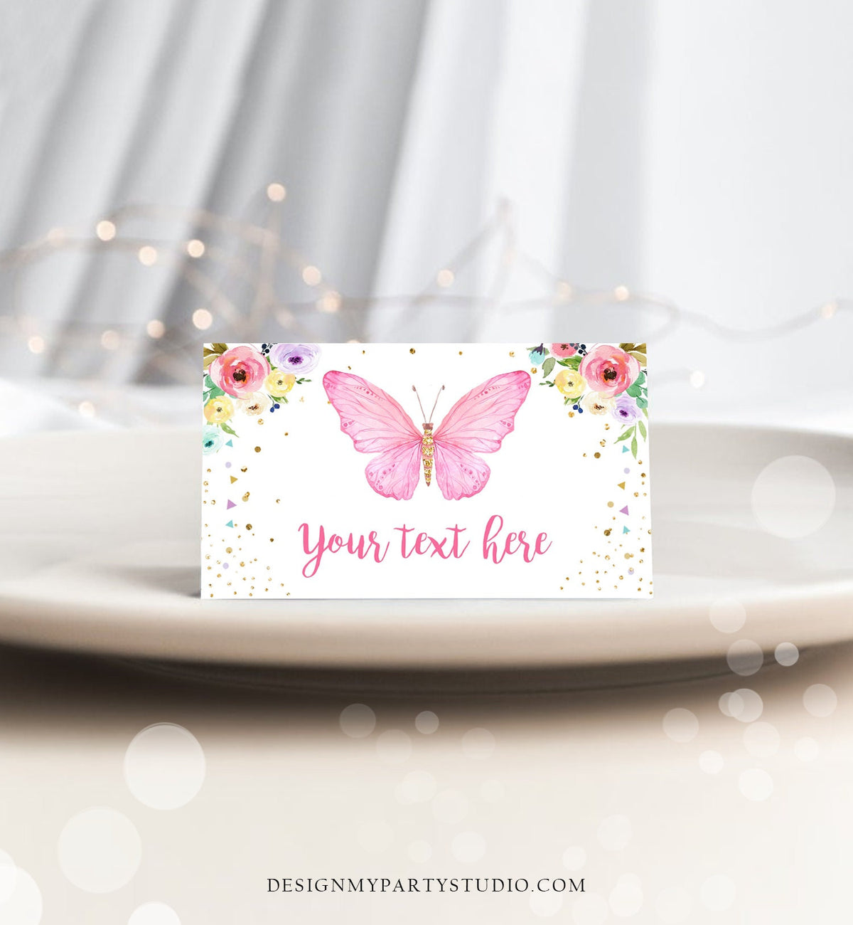 Editable Butterfly Birthday Food Label Floral Butterfly Food Cards Tent Card Girl Pink Gold Buffet Label Whimsical Template Digital 0162
