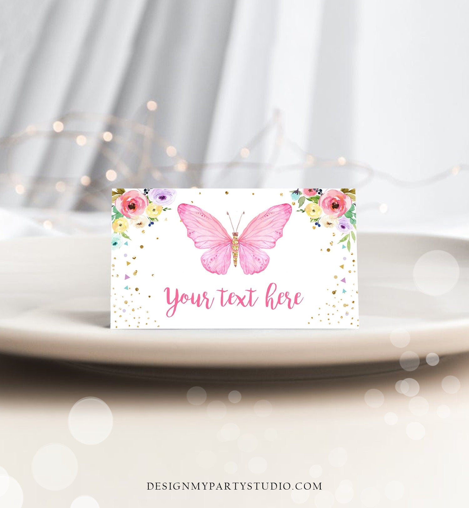 Editable Butterfly Birthday Food Label Floral Butterfly Food Cards Tent Card Girl Pink Gold Buffet Label Whimsical Template Digital 0162