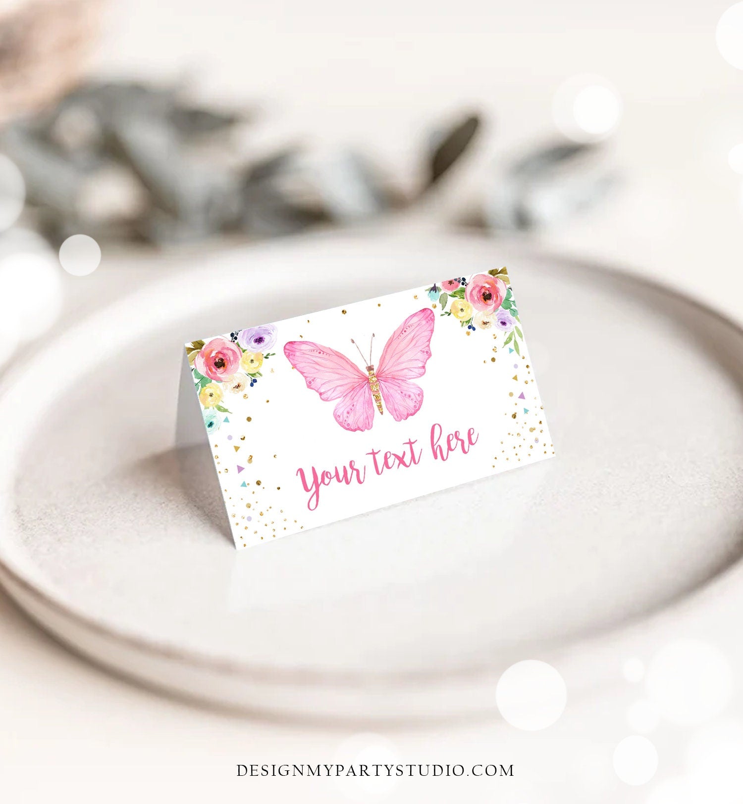Editable Butterfly Birthday Food Label Floral Butterfly Food Cards Tent Card Girl Pink Gold Buffet Label Whimsical Template Digital 0162
