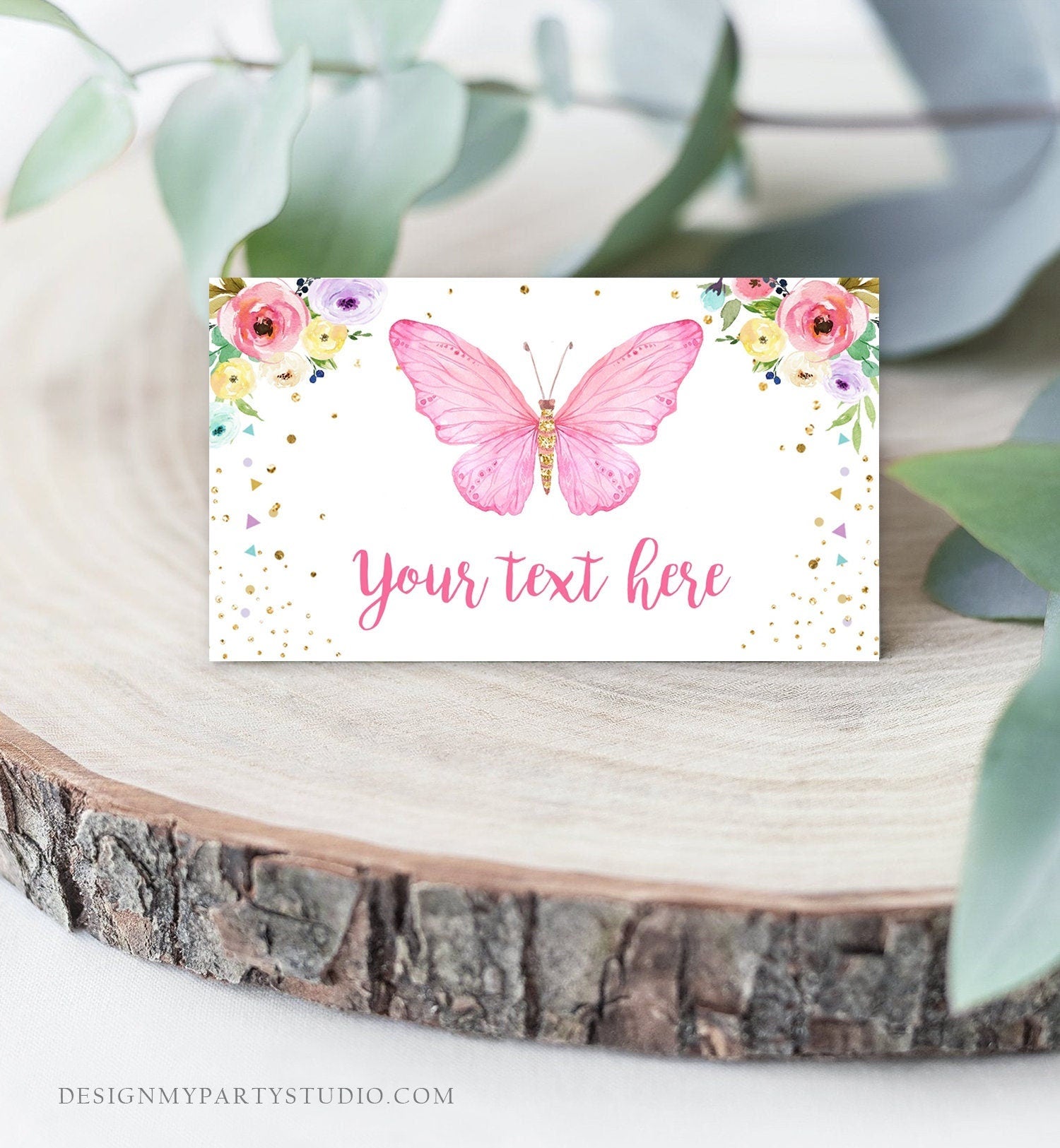 Editable Butterfly Birthday Food Label Floral Butterfly Food Cards Tent Card Girl Pink Gold Buffet Label Whimsical Template Digital 0162