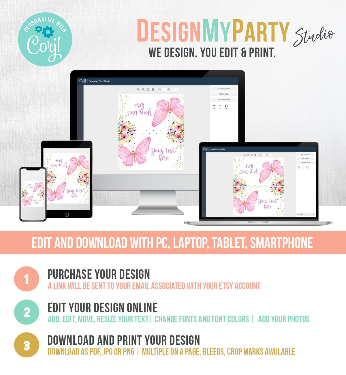 Editable Butterfly Food Labels Floral Butterfly Birthday Food Cards Tent Card Girl Pink Gold Buffet Label Tent Card Template Printable 0162