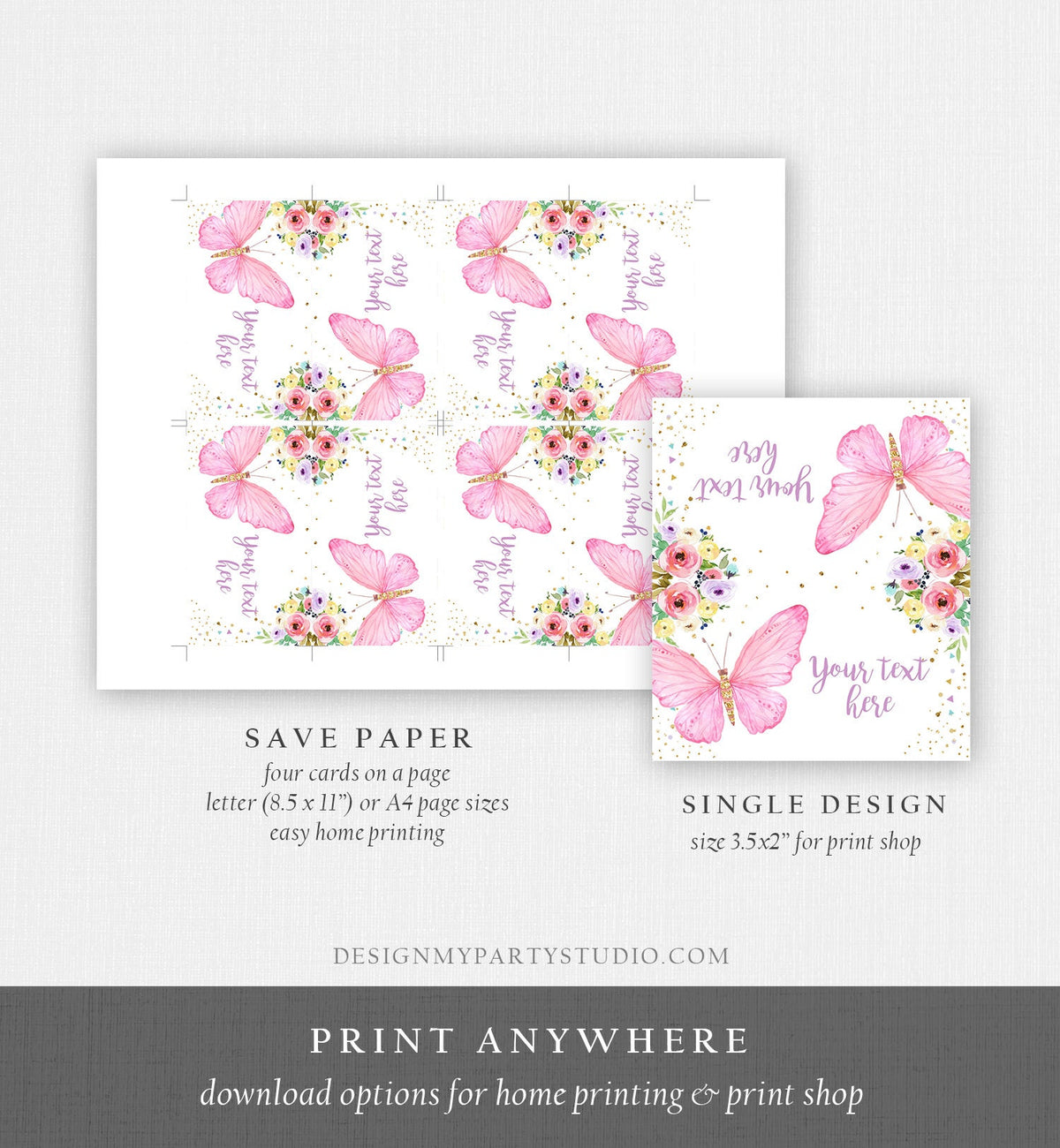 Editable Butterfly Food Labels Floral Butterfly Birthday Food Cards Tent Card Girl Pink Gold Buffet Label Tent Card Template Printable 0162