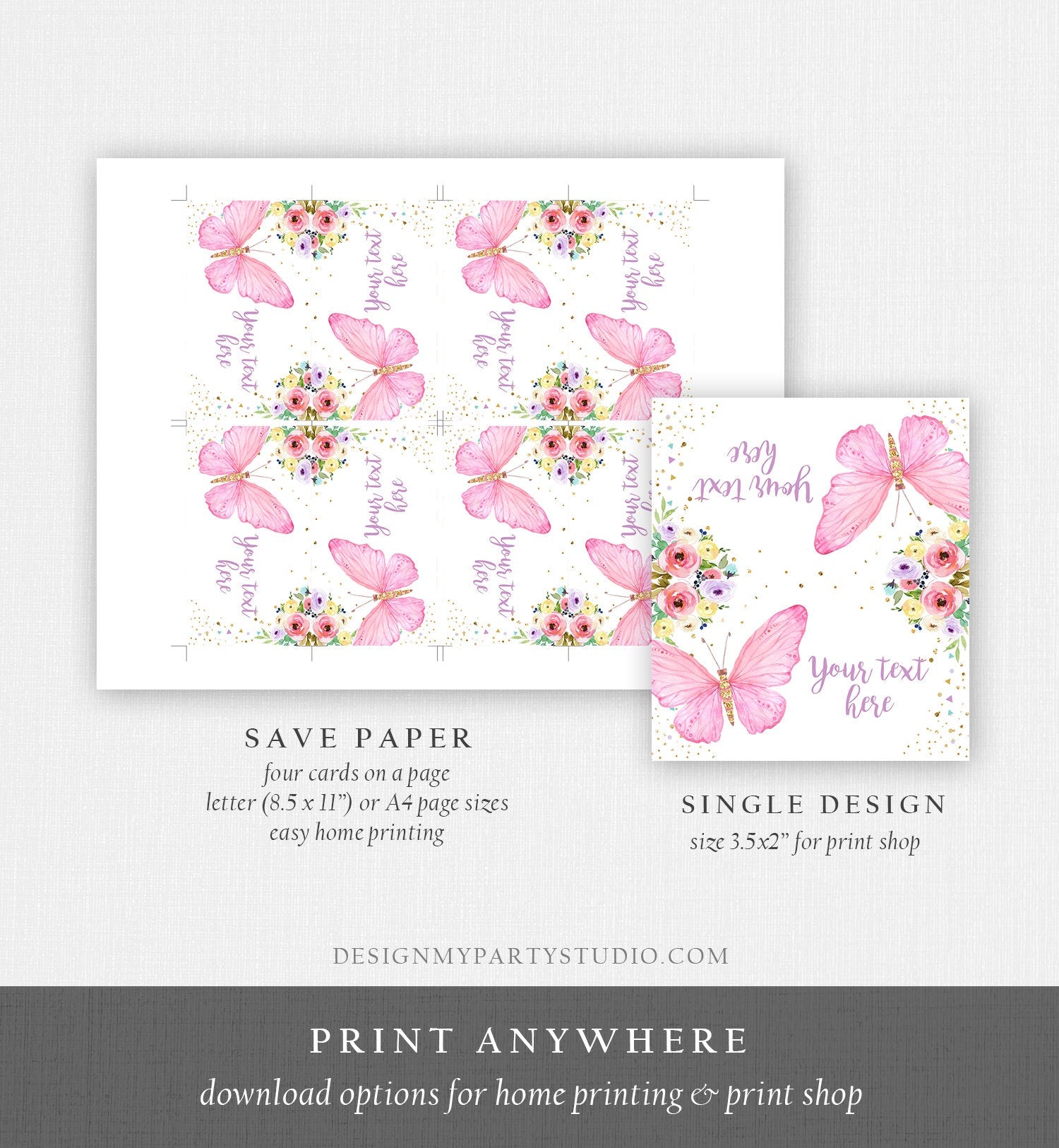 Editable Butterfly Food Labels Floral Butterfly Birthday Food Cards Tent Card Girl Pink Gold Buffet Label Tent Card Template Printable 0162