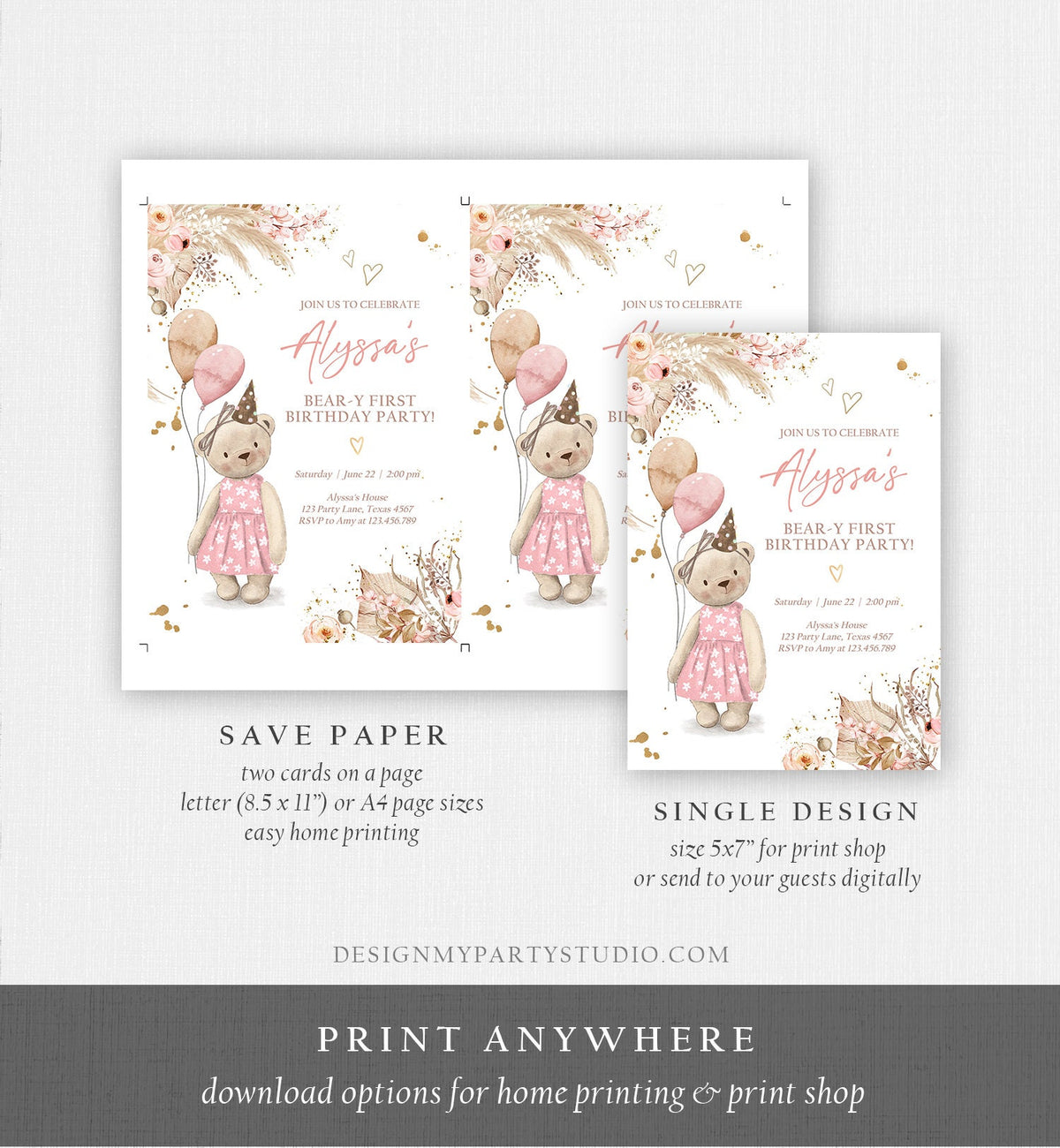 Editable Cute Teddy Bear 1st Birthday Invitation Girl Boho Teddy Bear Picnic Summer Beary First One Printable Digital Corjl Template 0421