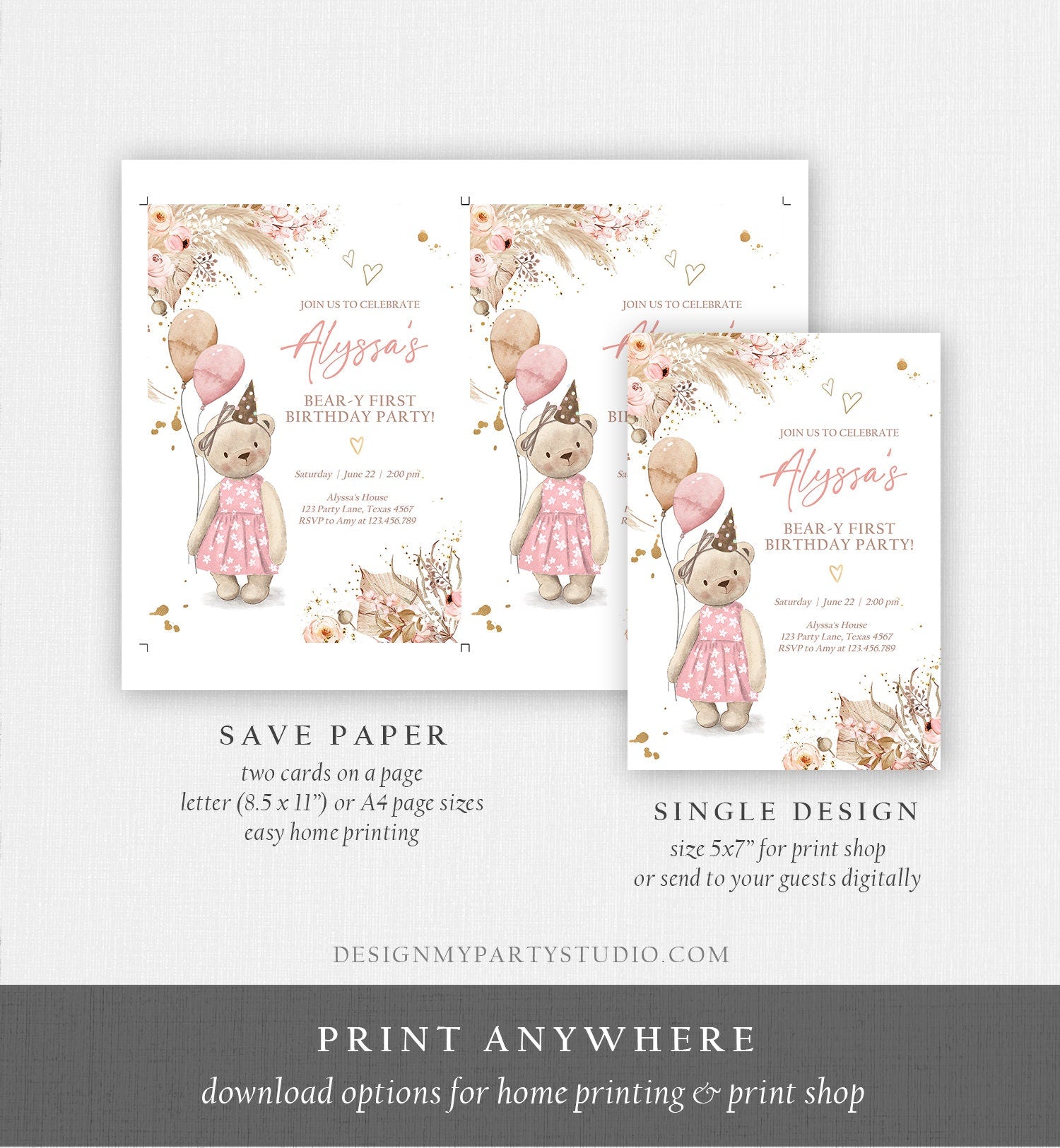 Editable Cute Teddy Bear 1st Birthday Invitation Girl Boho Teddy Bear Picnic Summer Beary First One Printable Digital Corjl Template 0421