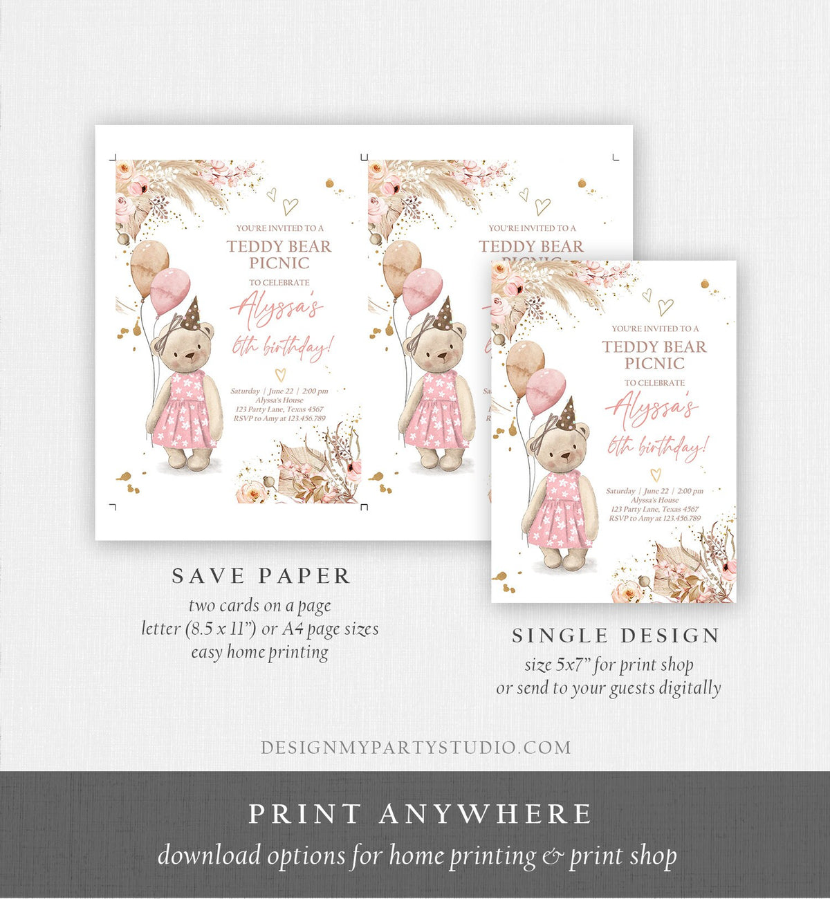 Editable Teddy Bear Picnic Birthday Invitation Girl Pink Boho Bear Picnic Summer Outdoor Party Printable Digital Corjl Template 0421