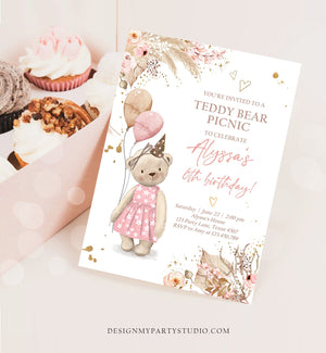 Editable Teddy Bear Picnic Birthday Invitation Girl Pink Boho Bear Picnic Summer Outdoor Party Printable Digital Corjl Template 0421