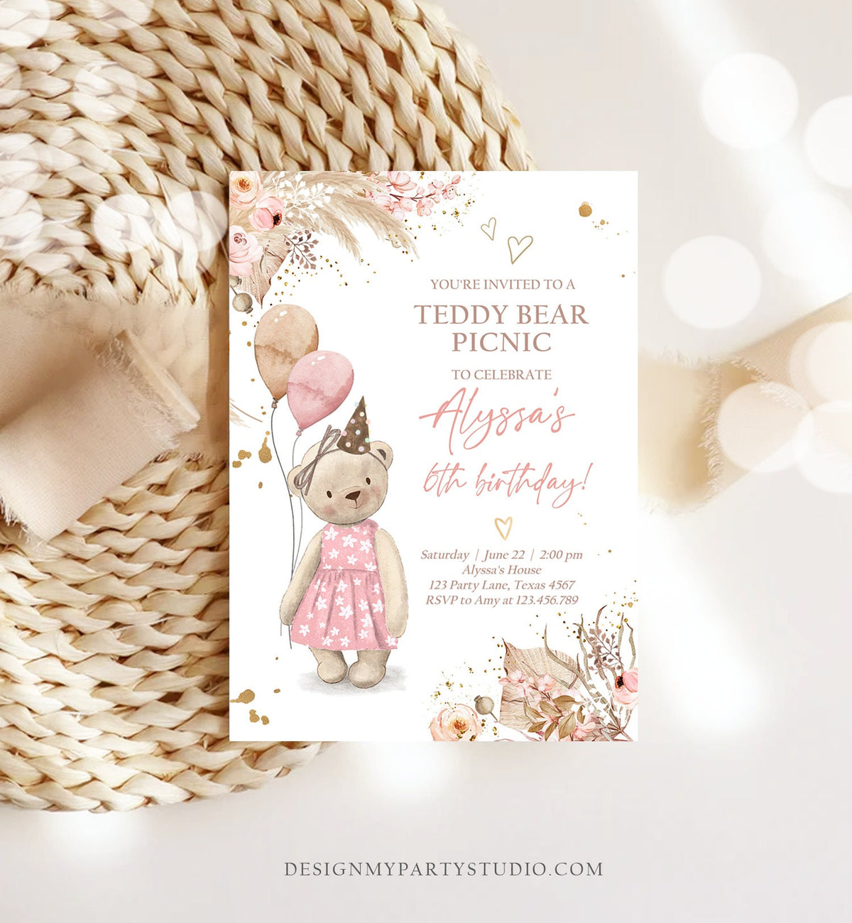 Editable Teddy Bear Picnic Birthday Invitation Girl Pink Boho Bear Picnic Summer Outdoor Party Printable Digital Corjl Template 0421