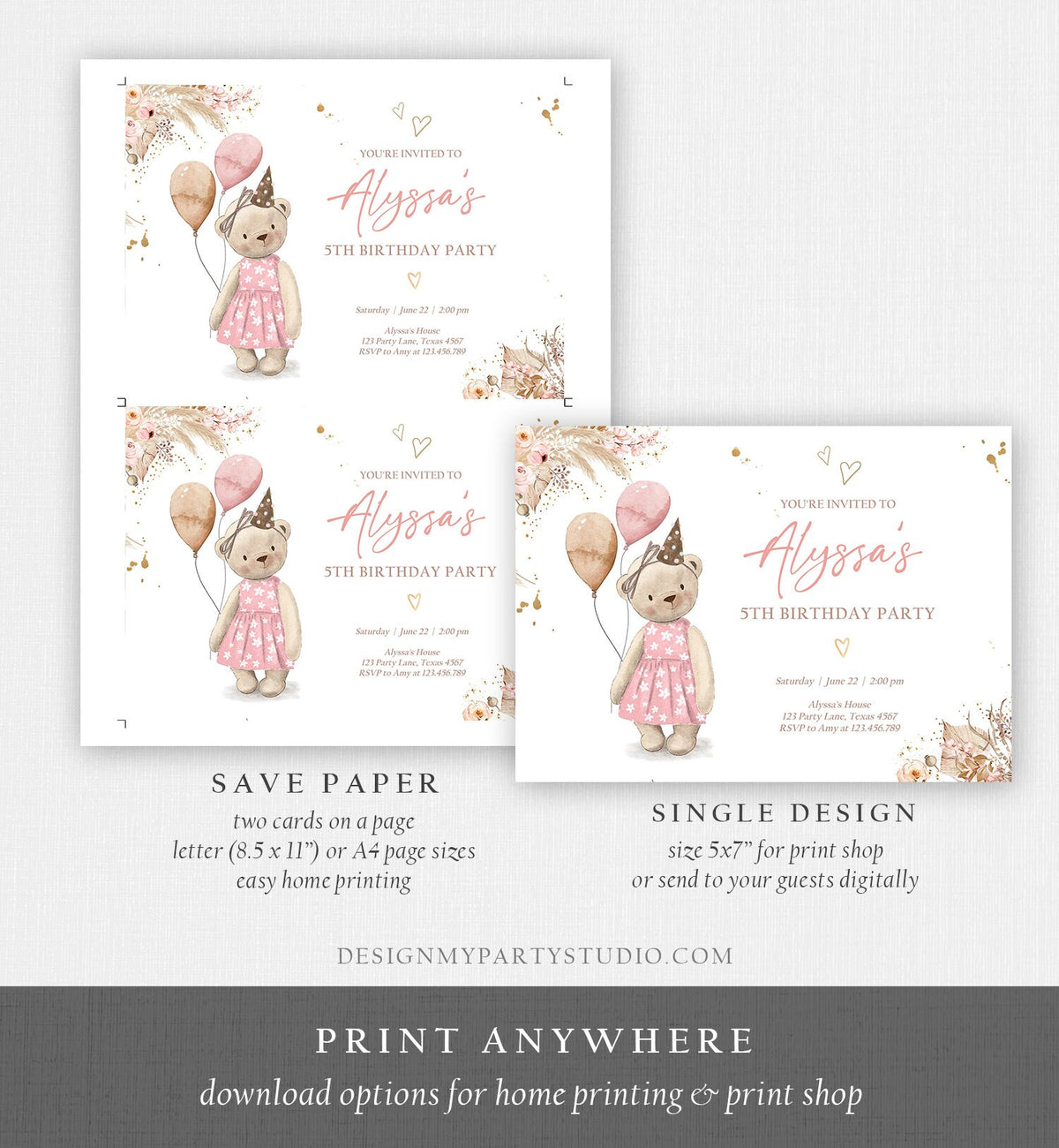 Editable Cute Teddy Bear Birthday Invitation Girl Boho Teddy Bear Picnic Summer Pampas Grass Pink Digital Download Template Printable 0421