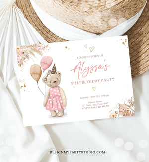 Editable Cute Teddy Bear Birthday Invitation Girl Boho Teddy Bear Picnic Summer Pampas Grass Pink Printable Digital Corjl Template 0421