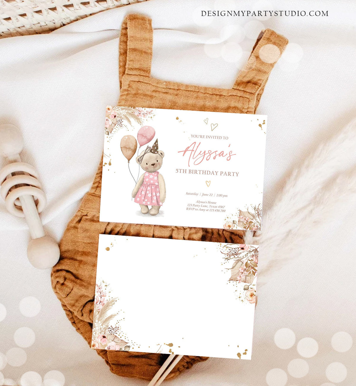 Editable Cute Teddy Bear Birthday Invitation Girl Boho Teddy Bear Picnic Summer Pampas Grass Pink Digital Download Template Printable 0421