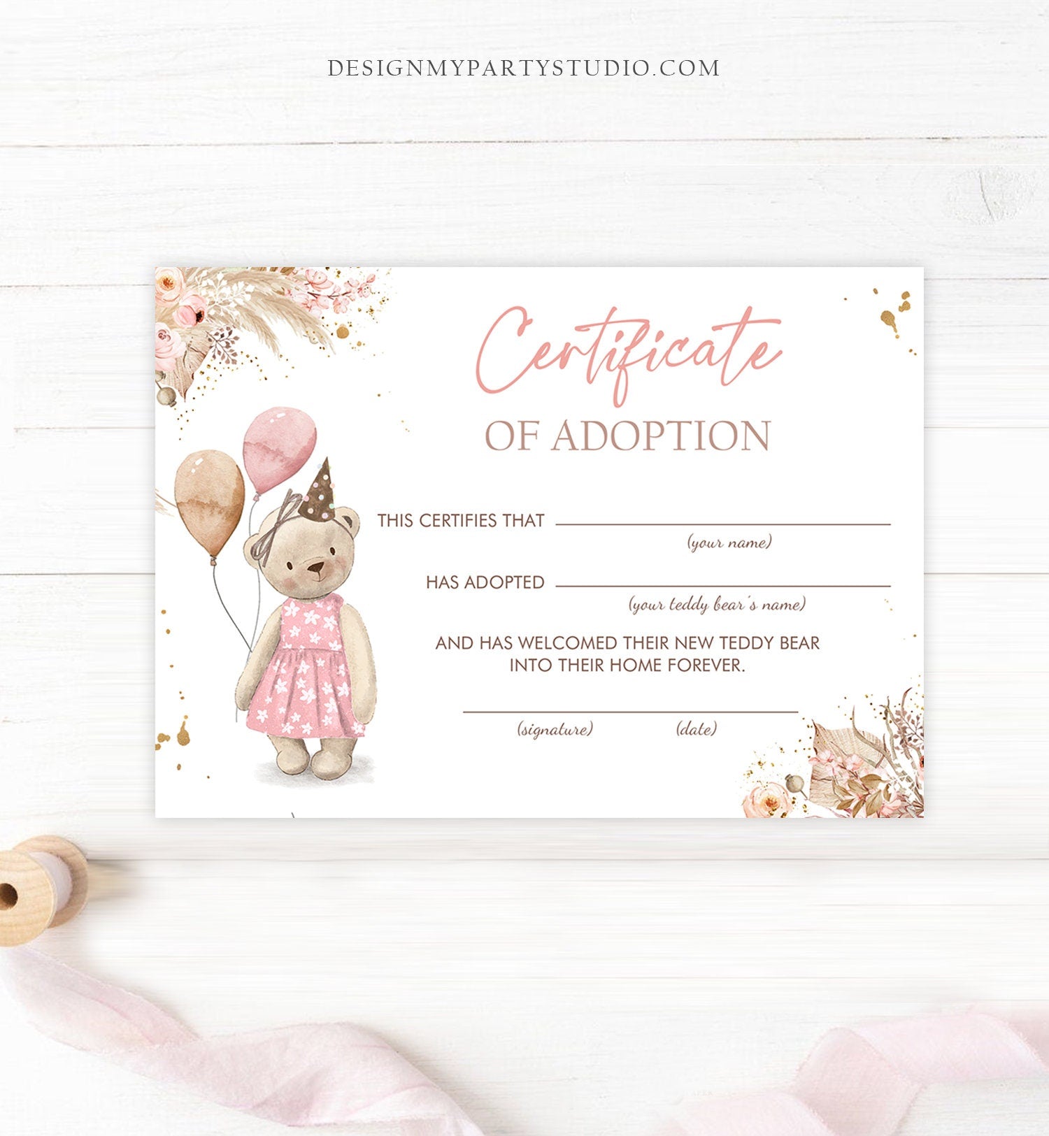 Teddy Bear Adoption Certificate Teddy Bear Birthday Boho Teddy Bear Picnic Girl Pink Adopt a Teddy Favors Digital Download Printable 0421