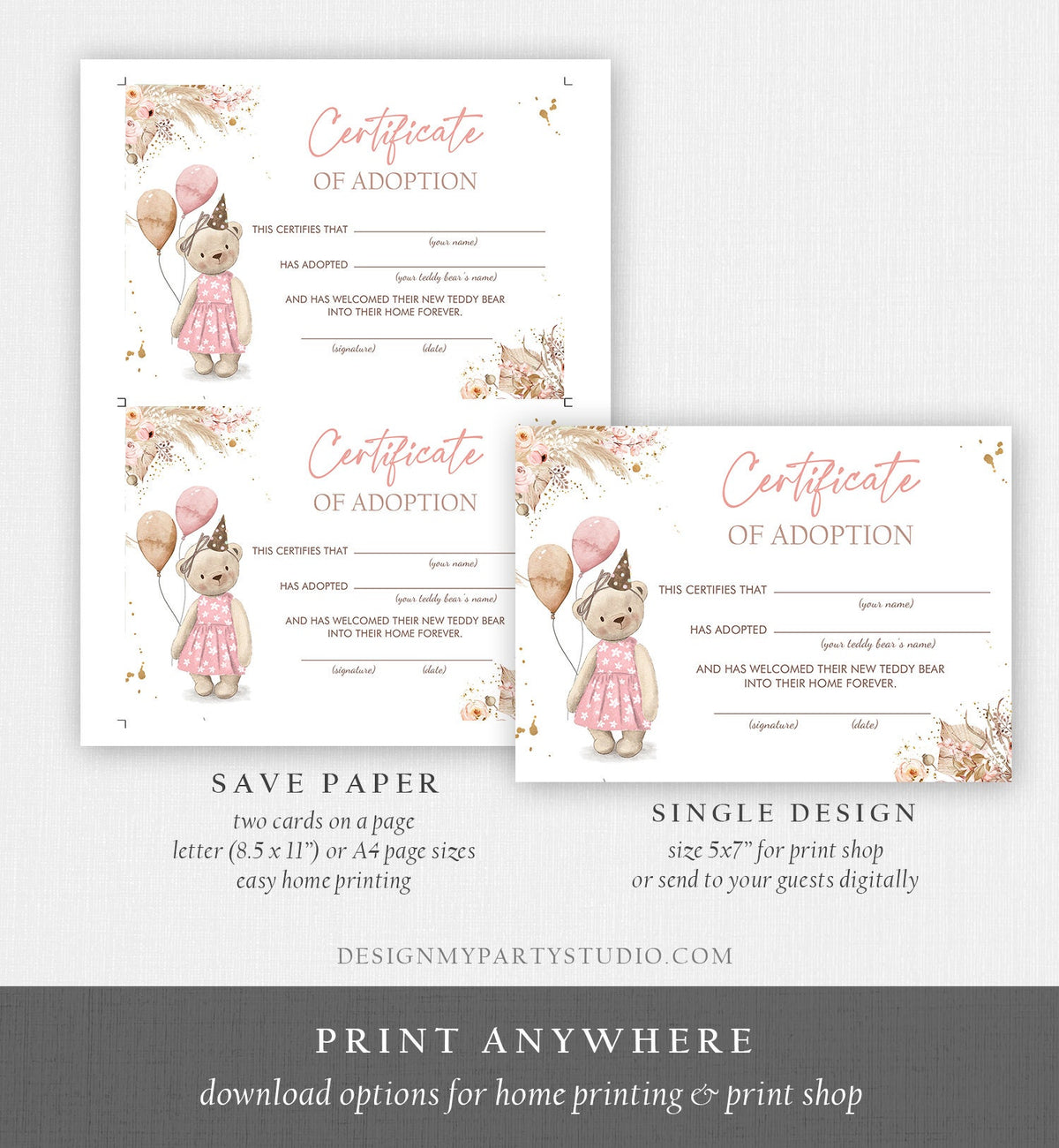 Teddy Bear Adoption Certificate Teddy Bear Birthday Boho Teddy Bear Picnic Girl Pink Adopt a Teddy Favors Digital Download Printable 0421