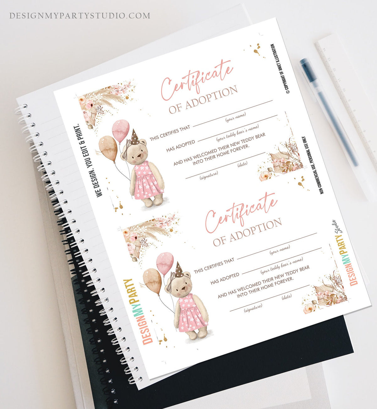 Teddy Bear Adoption Certificate Teddy Bear Birthday Boho Teddy Bear Picnic Girl Pink Adopt a Teddy Favors Digital Download Printable 0421