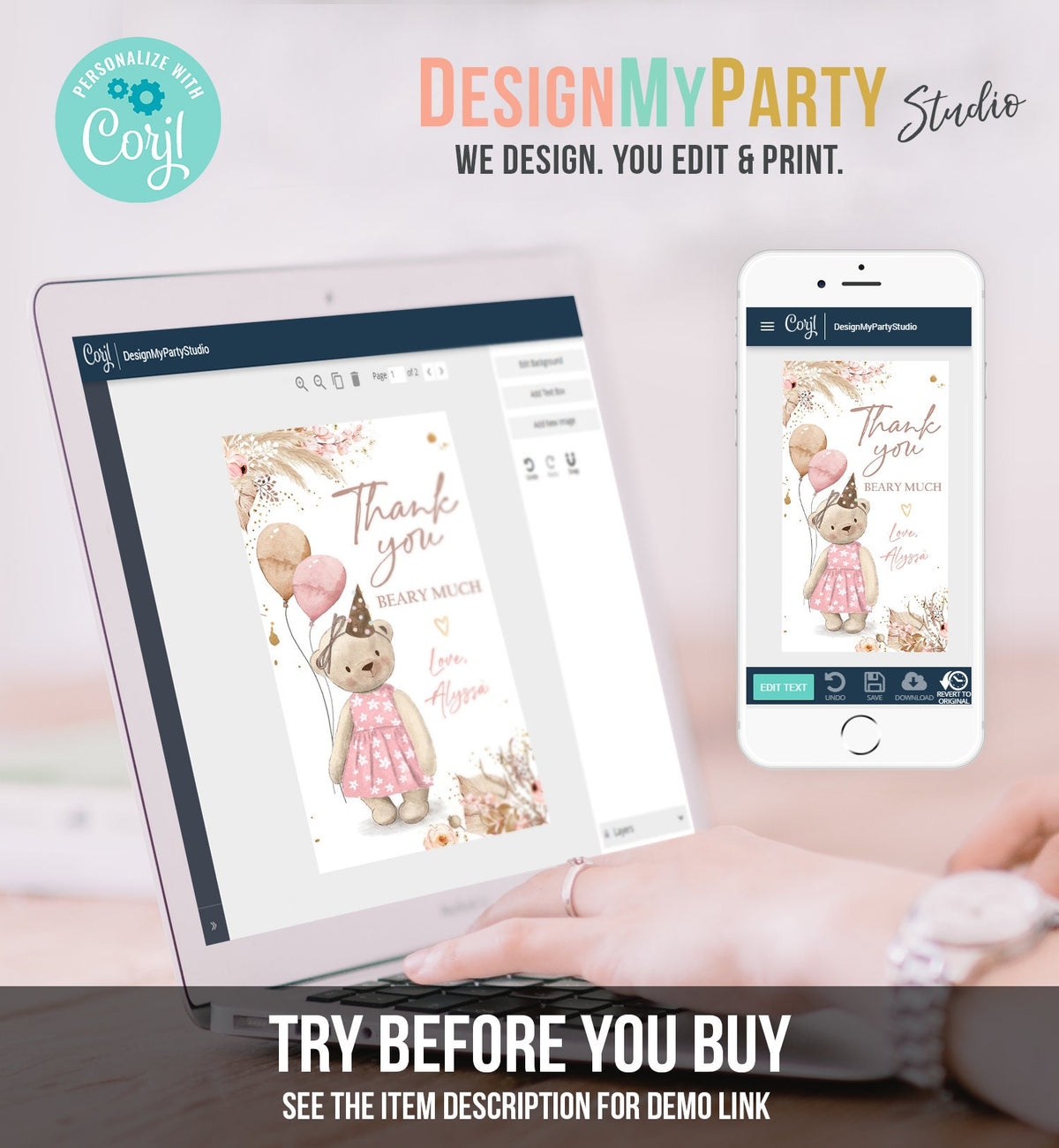 Editable Boho Teddy Bear Favor Tags Thank You Beary Much Tag Teddy Bear Birthday Tag Picnic Pink Girl Pampas Template Corjl PRINTABLE 0421