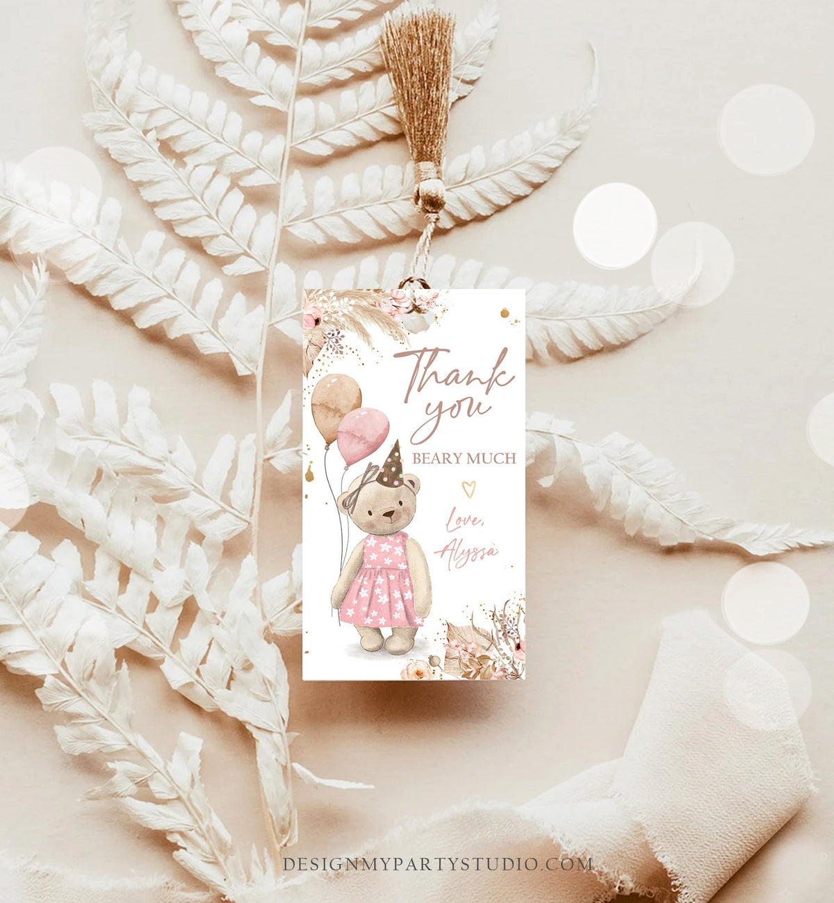 Editable Boho Teddy Bear Favor Tags Thank You Beary Much Tag Teddy Bear Birthday Tag Picnic Pink Girl Pampas Template Corjl PRINTABLE 0421