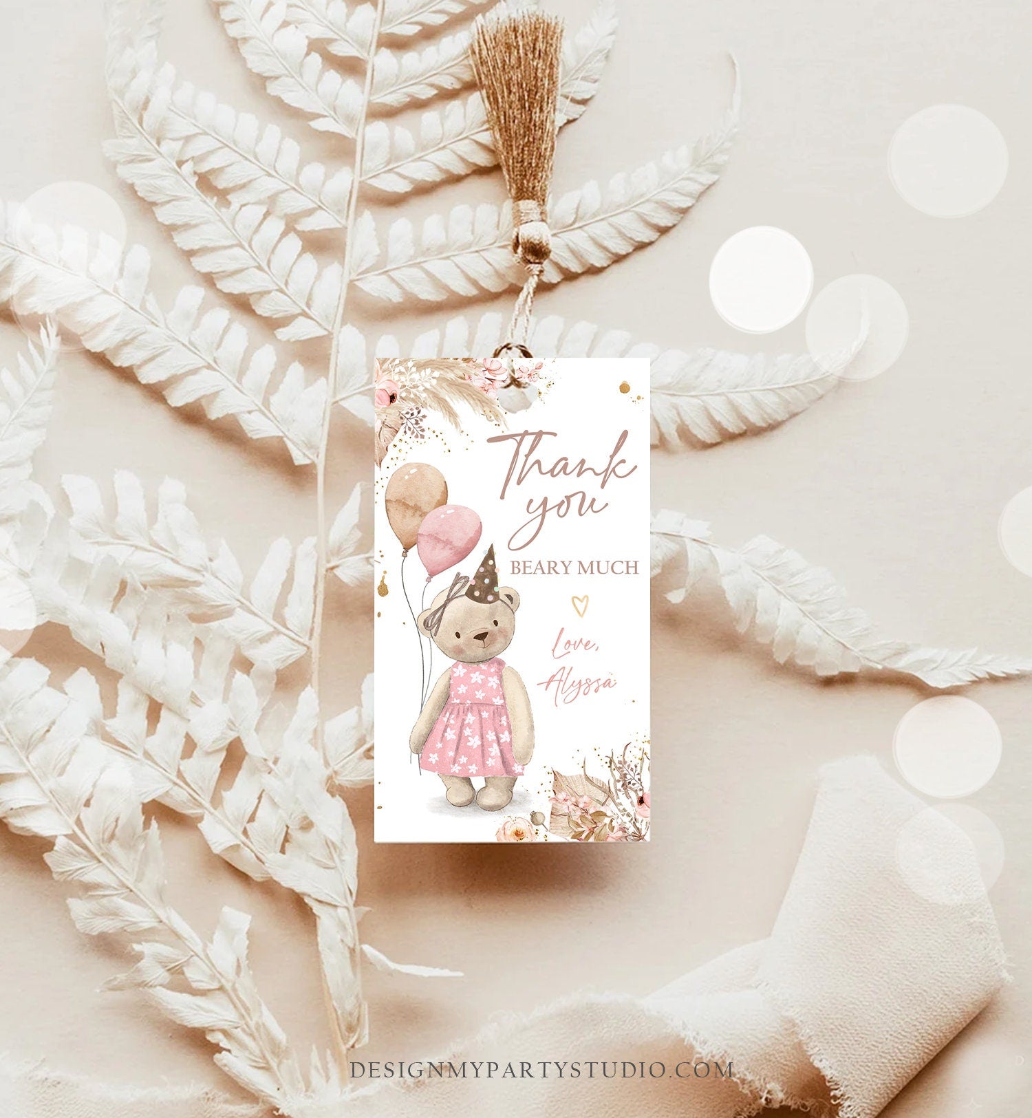 Editable Boho Teddy Bear Favor Tags Thank You Beary Much Tag Teddy Bear Birthday Tag Picnic Pink Girl Pampas Template Corjl PRINTABLE 0421